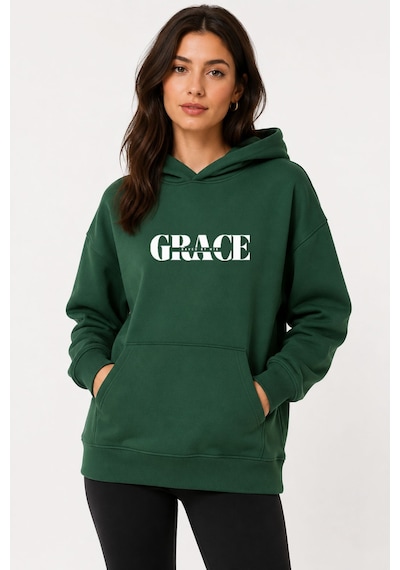 Herkesemoda Grace Baskılı Kapüşonlu 2 İplik Şardonlu Sweatshirt Yeşil