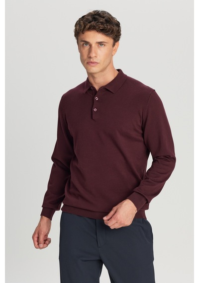 Altınyıldız Classıcs Erkek Bordo Pamuklu Standart Fit Normal Kesim Polo Yaka Triko Kazak