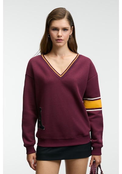 Grımelange Dıvıne Kadın V Yakalı Nakış Ve Patch Detaylı Bordo Sweatshirt Bordo