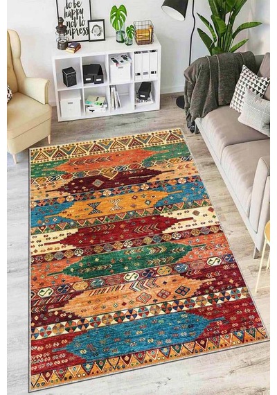 Çok Renkli Kaymaz Tabanlı Etnik Desenli Mutfak Halısı Ar1068n11