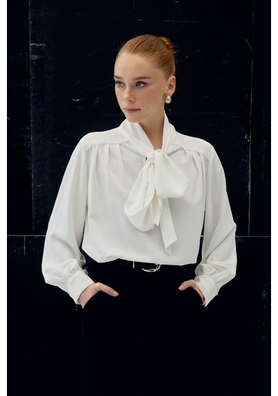 Sateen Aksesuar Detaylı Fularlı Bluz - Ekru-137041 Ekru