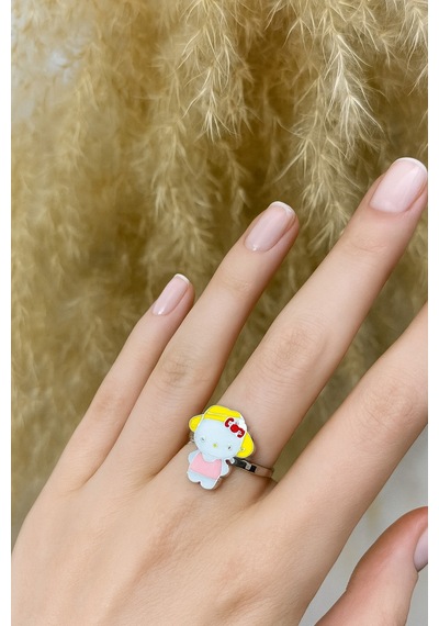 Renkli Hello Kitty Figürlü Yüzük Neşenin, Sevginin Ve Tatlı Zarafetin Simgesi Gümüş - Gri