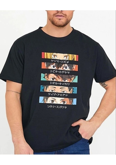 Startmore Erkek Siyah Anime Baskılı Oversize Bisiklet Yaka Tişört Siyah