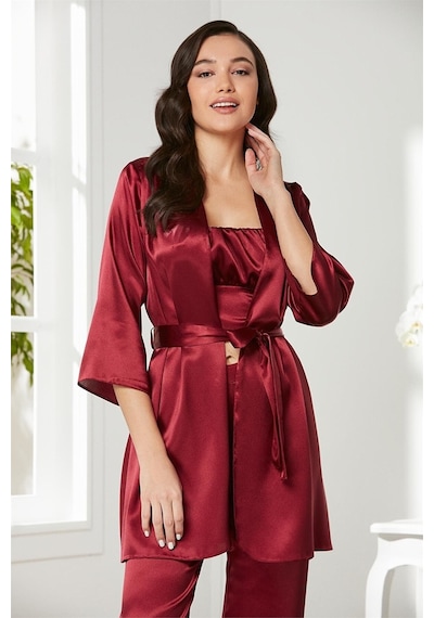 Pierre Cardin 2075 Kadın Saten Sabahlıklı Pijama Takım-bordo Bordo