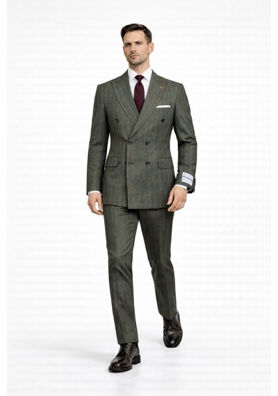 Fabıo Cassel Çizgili Kruvaze Erkek Takım Elbise Slim Fit Fıstık Yeşili