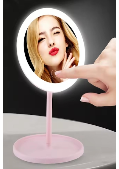 Pembe Renk Led Işıklı Usb Şarjlı Masa Üstü Makyaj Aynası Dokunmatik Makyaj Aynası