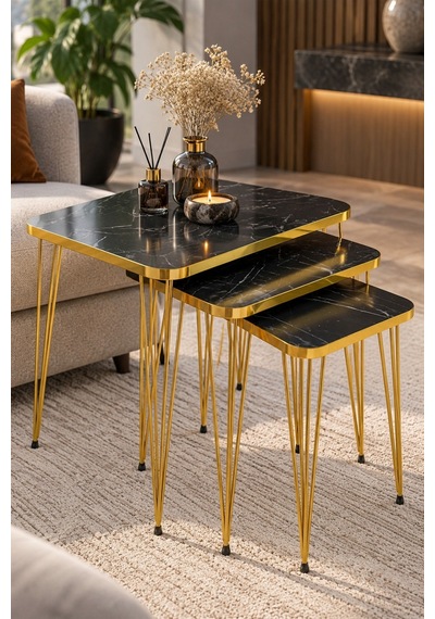 Sulorahome Siyah Mermer Desenli Gold Metal Ayaklı 3'lü Zigon Sehpa Takımı