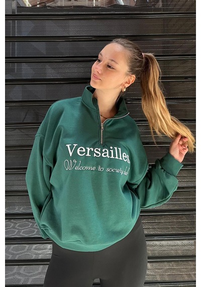 Madmext Yeşil Yarım Fermuarlı Baskılı Sweatshirt Mg2240 Yeşil