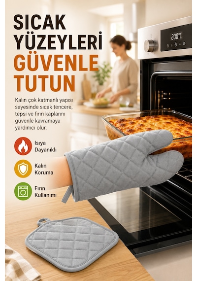 Gri Fırın Eldiveni Ve Tutacak Seti Isıya Dayanıklı Kapitone Mutfak Eldiveni Fırın Tutacağı Gri Renk.