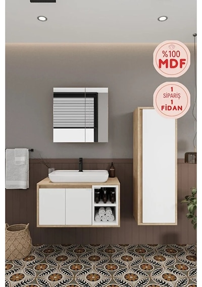 Lale Beyaz 80 Cm %100 Mdf Lavabolu Banyo Dolabı + Aynalı Dolap+ Boy Dolabı Beyaz Meşe