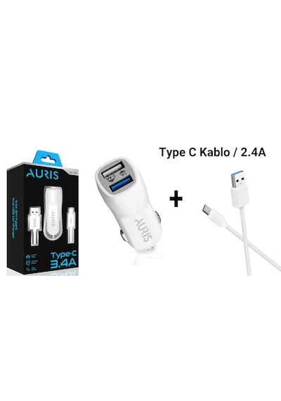 Auris Cr03 3.4a Type C Kablolu Araç Şarj Cihazı Set Oto Çakmaklık