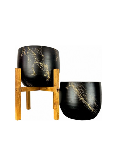 Bitki Tasarımı Siyah Üzeri Gold Mermer Efektli Toprak Saksı Saksılık Salon Çiçeklik İkili Set Ayaksız - 4 Ayaklı- 19 Cm