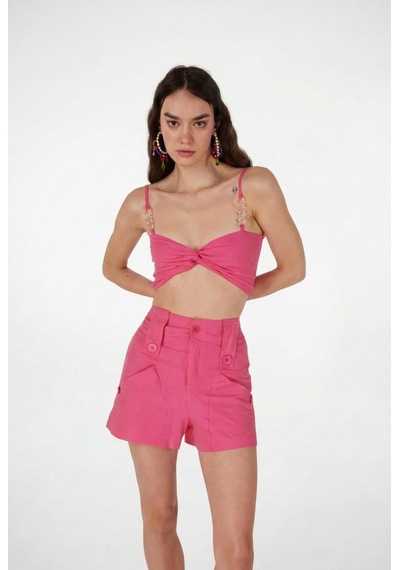 Holly Lolly Koton Kumaş Şeffaf Rise Zincir Detaylı Bluz Pembe