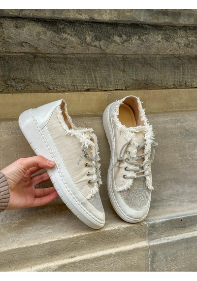 Erva'nın Butiği Bej Keten Jule Taş Bağcıklı Kadın Sneakers-5787