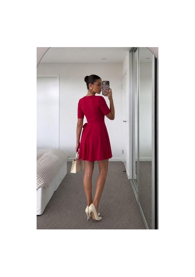 Store V Yaka Mini Elbise Kollu Kısa Kuşaklı Fuşya - 935901556 Fuşya