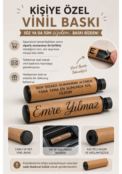 Kişiye Özel Ahşap Araç Küllüğü Vinil Baskılı İsim / Söz Yazılı Dekoratif Tasarım