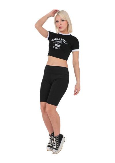 Sortie Collection Bisiklet Yaka Önü Baskılı Pamuklu Crop Tişört Siyah