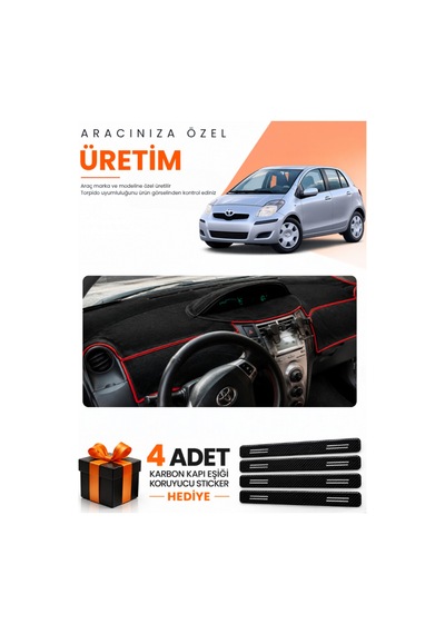 Toyota Yaris 2005-2013 Uyumlu Torpido Koruma Örtüsü Oto Kılıfı - Siyah Kırmızı