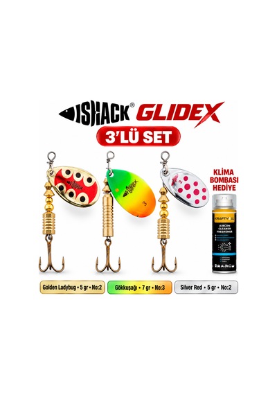 Fishack Glidex 3'lü Döner Kaşık Seti + Klima Bombası - Golden Ladybug 5 Gr No:2 + Gökkuşağı 7 Gr No:3 + Silver Red 5 Gr No:2