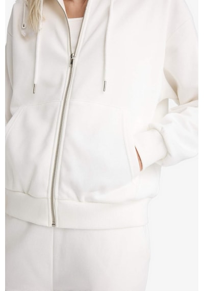 Defacto Relax Fit Kapüşonlu Cepli Basic Düz Fermuarlı Sweatshirt C1809AX24WNER105 Ekru
