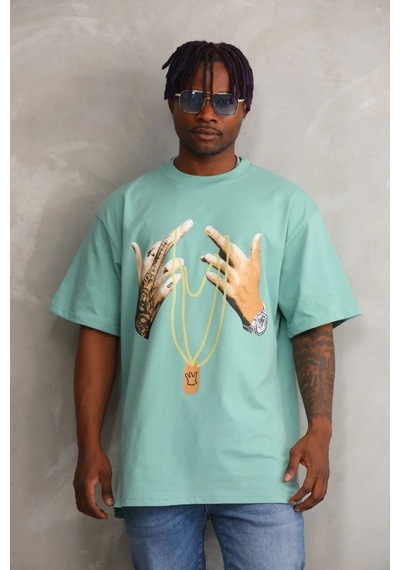 Erkek Baskılı T-shirt Kısa Kol Bisiklet Yaka Rahat Kalıp Tişört - Mint Yeşili Mint Yeşili