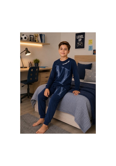 Formo Erkek Çocuk %100 Doğal Pamuk Manşet Paça Uzun Kollu Pijama Takımı Mavi