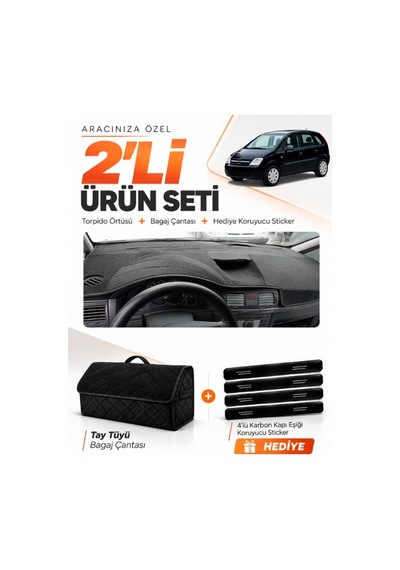 Opel Meriva A 2003-2010 Uyumlu Torpido Örtüsü + Tay Tüyü Bagaj Çantası + Sticker Seti - Siyah