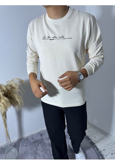 Say-Has Fashion Göğüs Baskılı Bisiklet Yaka Sweatshirt Bej