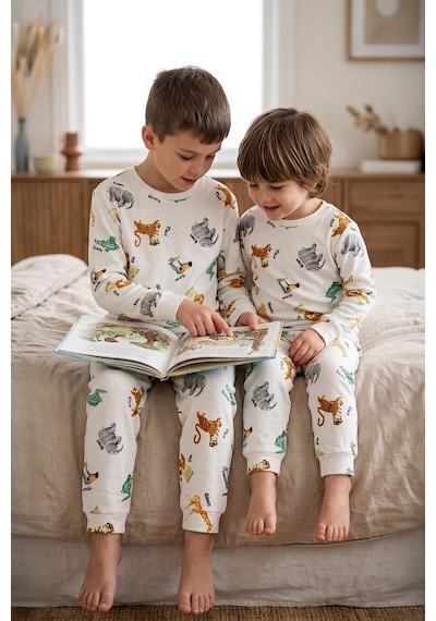Zuzunga Erkek Çocuk %100 Pamuk Süprem Kumaş Uzun Kollu Mevsimlik Pijama Takımı BEYAZ