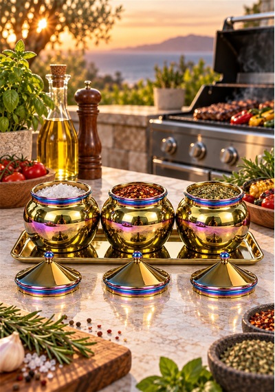 Paslanmaz Çelik 3'lü Baharatlık Seti 400 Ml Tepsili Çok Renkli / İridesan