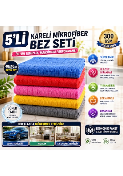 Misgibi Mikrofiber Kareli Temizlik Bezi 5'li Paket Süper Emici Ve Dayanıklı 5 Adet