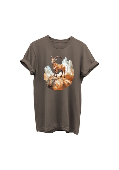 Dağ Keçisi Tasarımlı Avcılık Konseptli %100 Pamuk Regular Fit Bisiklet Yaka Unisex T-shirt Kumul Kahverengi