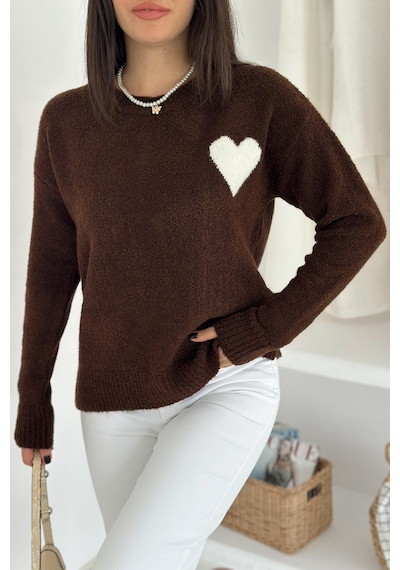 Noa & Noa Kadın Kalpli Kalın Triko Kazak Oversize & Minimal Romantik Stil Kahverengi