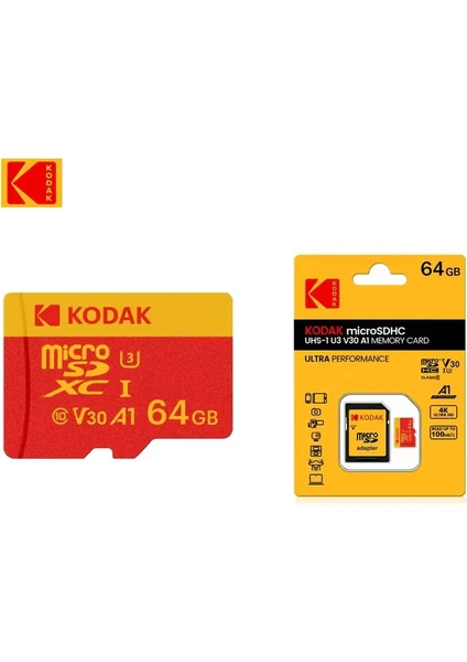 Kodak 64gb Uhs-ı U3 V30 A1 Micro Sd Hafıza Kartı + Adaptör Yüksek Okuma Yazma Hızı