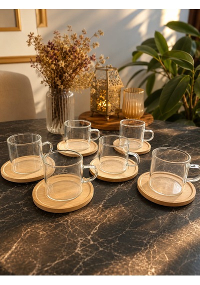 Borosilikat Cam Bardak 12 Parça Bambu Altlık İle Çay Ve Espresso Seti Ahşap