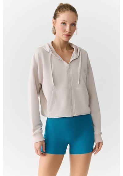 Urban Beat Charısma Kadın Kapüşonlu Relaxed Fermuarlı Baskı Detaylı Taş Rengi Sweatshirt Taş Rengi