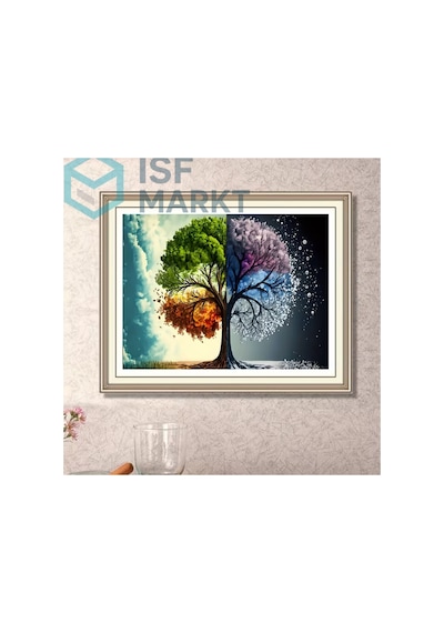 Elmas Boyama Seti - Dört Mevsim Ağacı Yuvarlak Akrilik Taşlar, Four Seasons Tree Dıy 30x40 Cm