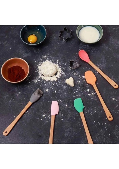 Silikon Spatula Ve Fırça Seti, 5 Parça, Karışık Renkli, Bambu Saplı Çok Renkli