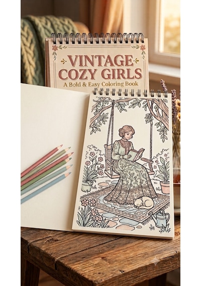 Nostalgic Vintage Cozy Girls Boyama Kitabı - Çanta / Cep Boy - 10x20 Cm