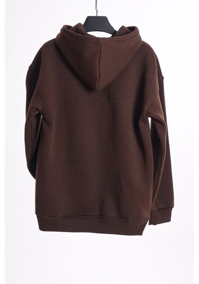 Unisex Kapüşonlu Oversize Düz Basic Kahverengi Sweatshirt