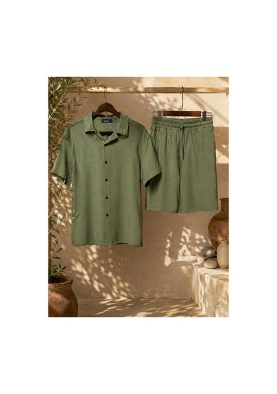 Mcz Yeşil Renk Bürümcük Kumaş Slim Fit Erkek Şort - Gömlek Alt Üst Takım