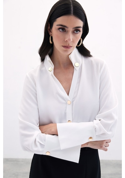 Sateen Çıt Çıt Detaylı Gömlek - Ekru-135828 Ekru