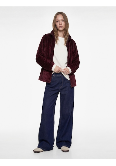 Koton Dik Yaka Fermuarlı Cep Detaylı Oversize Peluş Ceket Bordo 6wmg60026ık