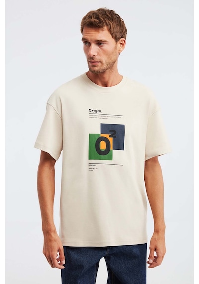 Grimelange Prısmatıc Erkek %100 Organik Pamuklu Özel Kalın Dokulu Nefes Alabilir Oversize Baskılı Bej T-shirt