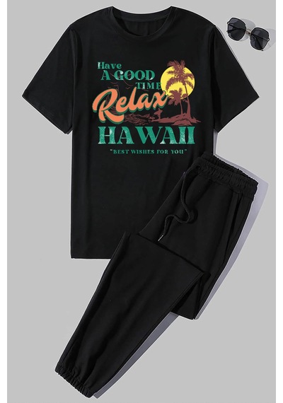 Uyguntarz Unisex Hawaii Baskılı 2'li Eşofman Takımı Siyah