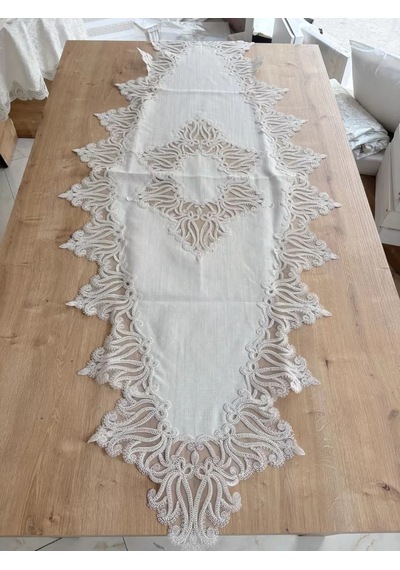 Salon Takımı Çeyizlik Krem Runner Set 5 Parça Keten Ranır Masa Konsol Sehpa Örtüsü Gülseda Sarı