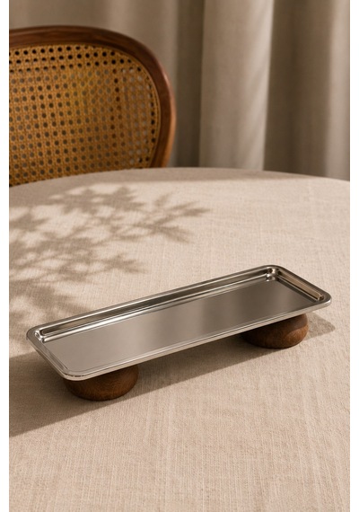 Gümüş Paslanmaz Çelik Çift Ahşap Ayaklı Dikdörtgen Sunum Ve Servis Tabağı 33x13 Cm Gümüş - 915233402 Gümüş