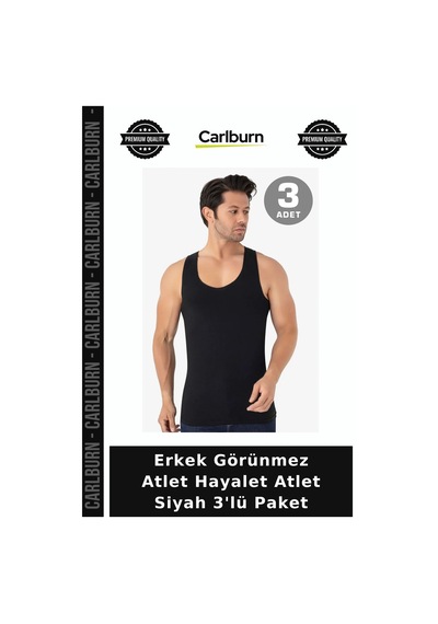 Carlburn Özel Seri Erkek Görünmez Atlet Hayalet Atlet Siyah 3'lü Paket Sporcu Atleti Günlük Giyim Rahat Kesim Siyah-3