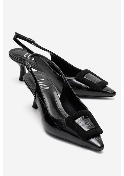 Luvishoes Dublın Siyah Baskı Tokalı Kadın Topuklu Ayakkabı Siyah