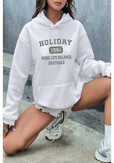 Uyguntarz Holiday Baskılı Unisex Oversize Sweatshirt beyaz